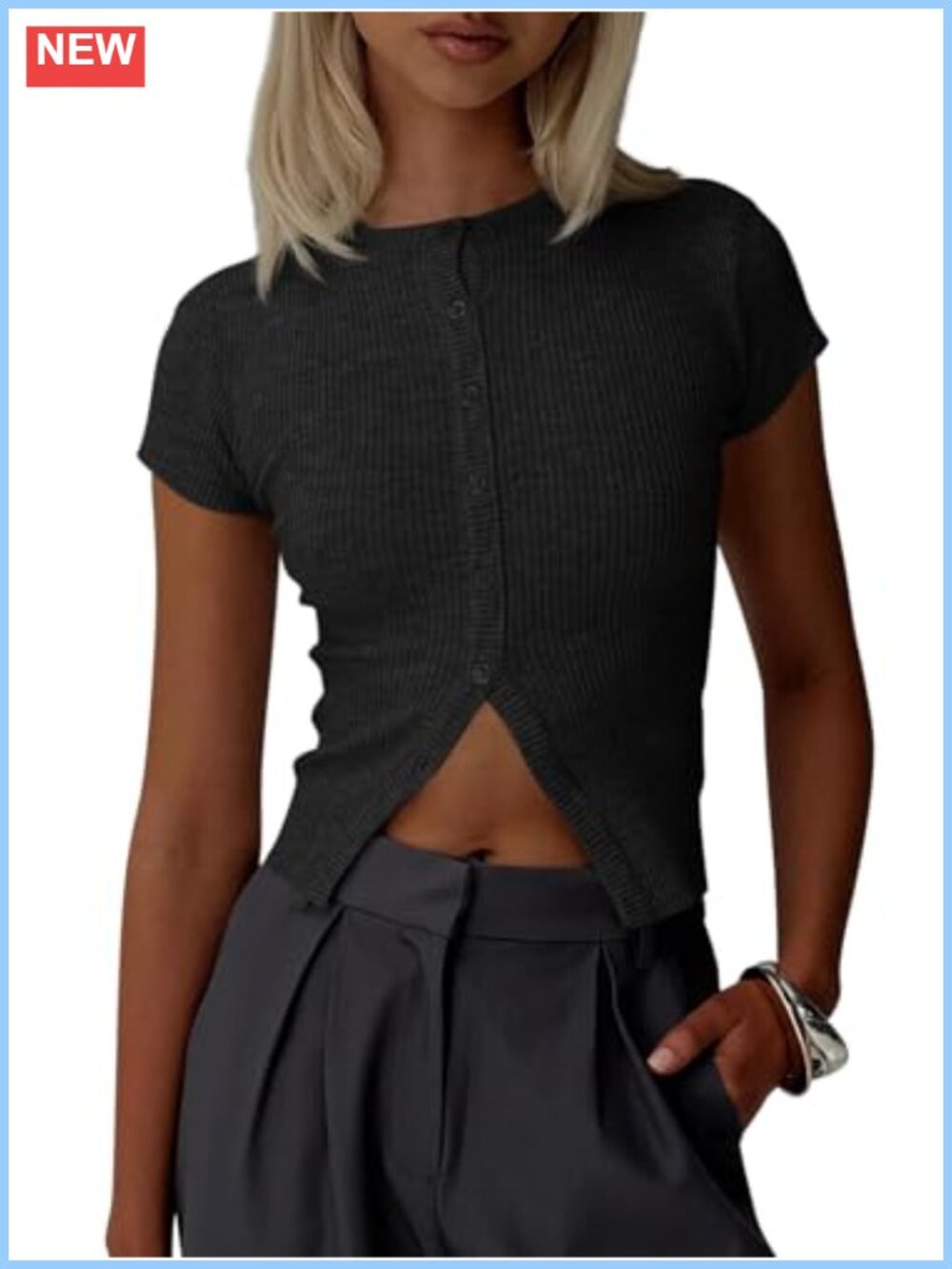 Ribbed Knit Cropped Cardigan Short Sleeve Button Down Slim Fit Summer Top